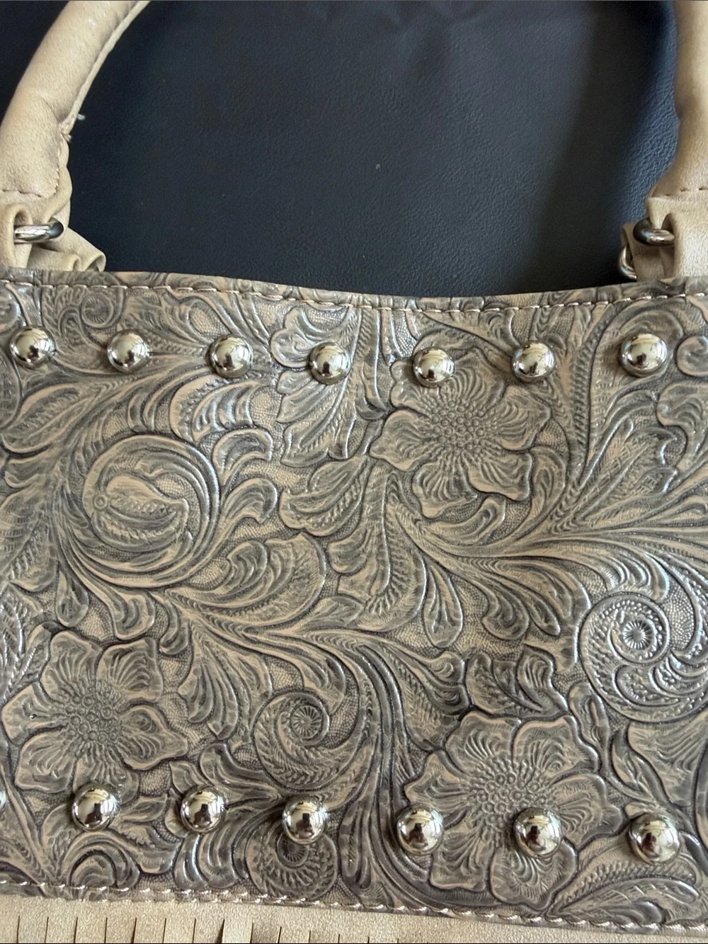 Cato Tan Tooled Floral Studded Fringe Satchel Crossbody Bag